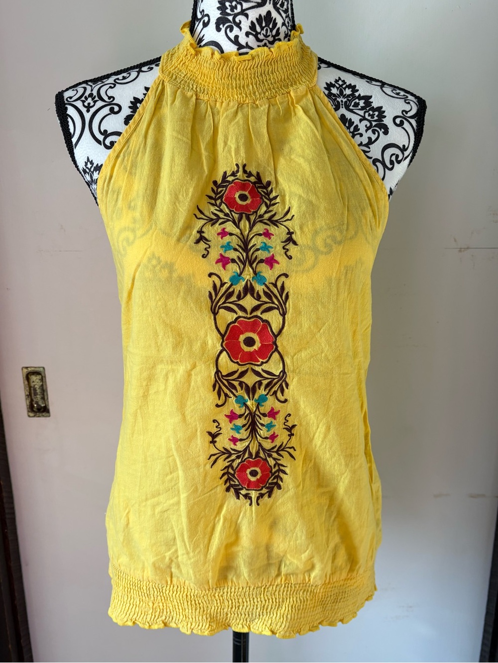 L8ter Size Medium Yellow Embroidered Halter Neck Top With Elastic Top and Bottom